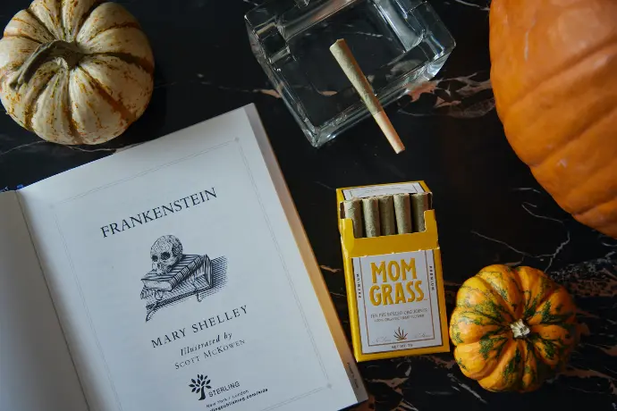 an open book sitting on top of a table next to two pumpkins